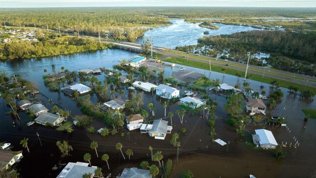 Residential area flooded by a hurricane