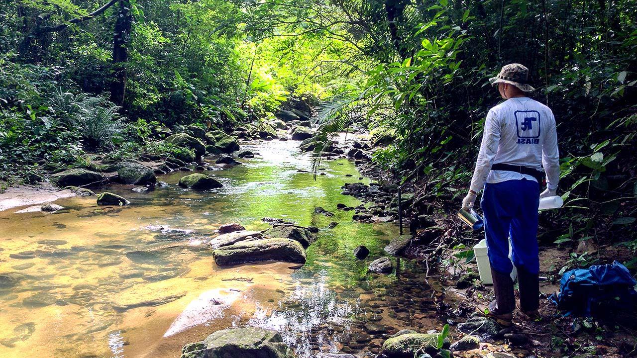 Tetra Tech team sampling water in Guaecá stream, located in the southeast coast of Brazil